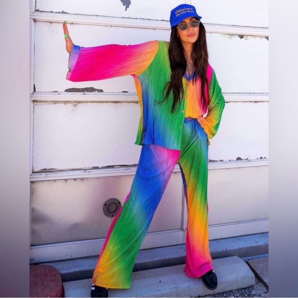 Dressed in LALA Rainbow Gradient Wide-Leg Pants & Button Shirt Set - Multicolor
